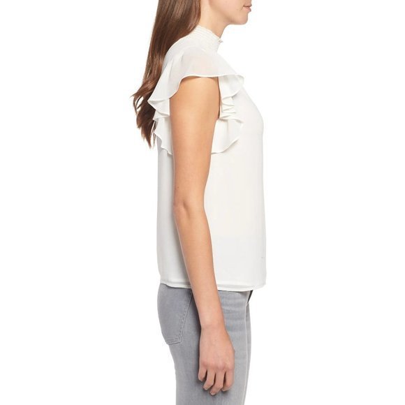 1.STATE Flutter Sleeve Smocked Neck Blouse - Large - Picture 3 of 5